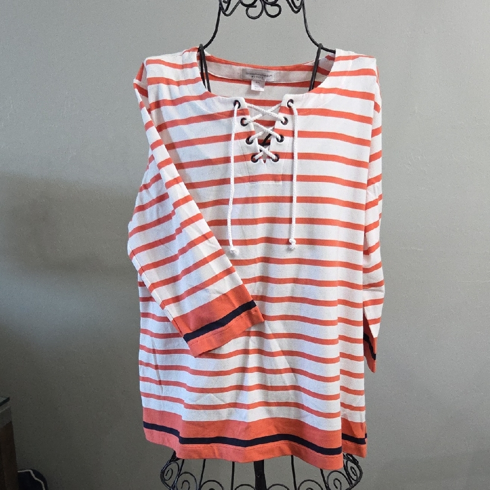 Christopher & Banks Coral and White Striped Top